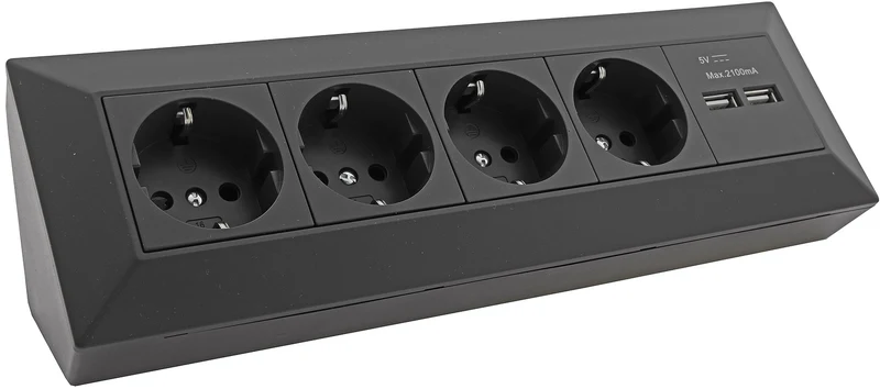 4-fach Steckdosenblock + 2x USB, schwarz 250V~/ 16A, Aufbaumontage