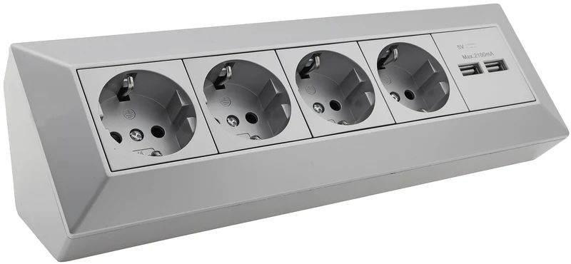 4-fach Steckdosenblock + 2x USB, silber 250V~/ 16A, Aufbaumontage