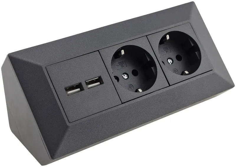 2-fach Steckdosenblock+ 2x USB,anthrazit 250V~/ 16A, Aufbaumontage