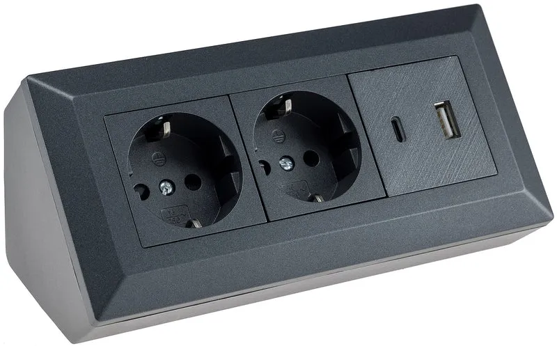 2-fach Steckdosenblock, USB-A+C, anthraz 250V~/ 16A, Aufbaumontage, USB 3,1A, PD