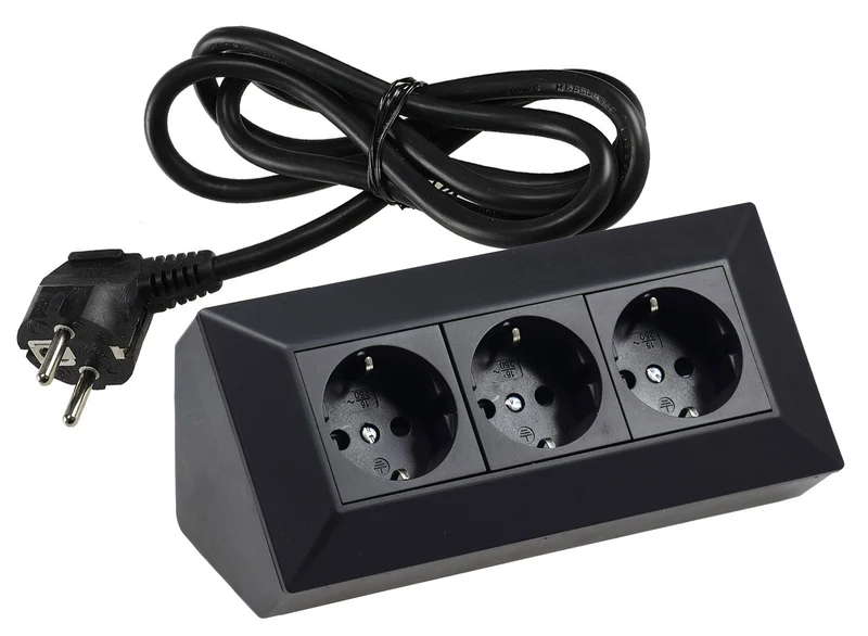 Steckdosenblock 3-fach Ecksteckdose Küchen Steckdose mit 1,5m Kabel Vormontiert Aufbaumontage Aufbausteckdose I 90° Winkel für Eck- & Unterbaumontage I 230V Steckdosenblock für Arbeitsplatte Werkstatt Nachttisch I schwarz