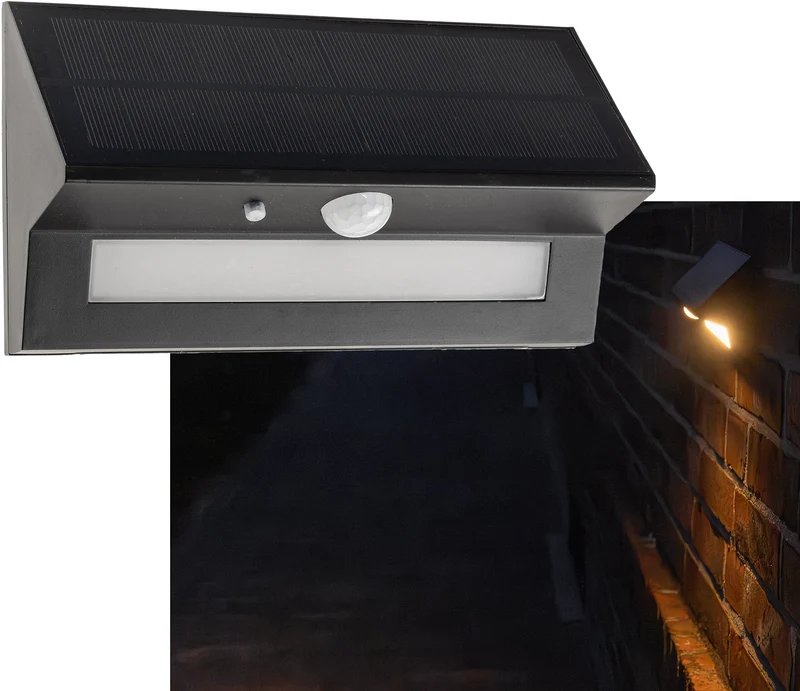 LED Solar Wandleuchte "SWL-AS400" IP44, warmweiß 3000K, PIR Sensor