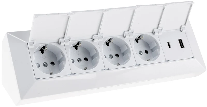4-fach Steckdosenblock, USB-A+C, weiß 250V~/ 16A, USB 3,1A, PD, mit Klappen
