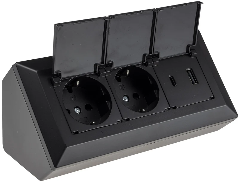 2-fach Steckdosenblock, USB-A+C, schwarz 250V~/ 16A, USB 3,1A, PD, mit Klappen