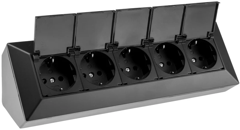 5-fach Steckdosenblock, schwarz 250V~/ 16A, Aufbaumontage mit Klappen