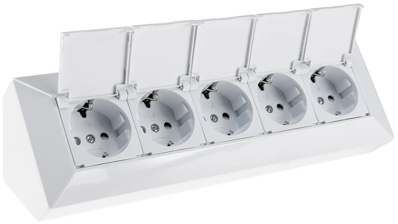 5-fach Steckdosenblock, weiß 250V~/ 16A, Aufbaumontage mit Klappen