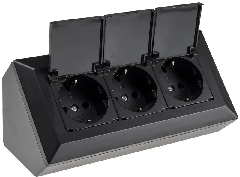 3-fach Steckdosenblock, schwarz 250V~/ 16A, Aufbaumontage mit Klappen