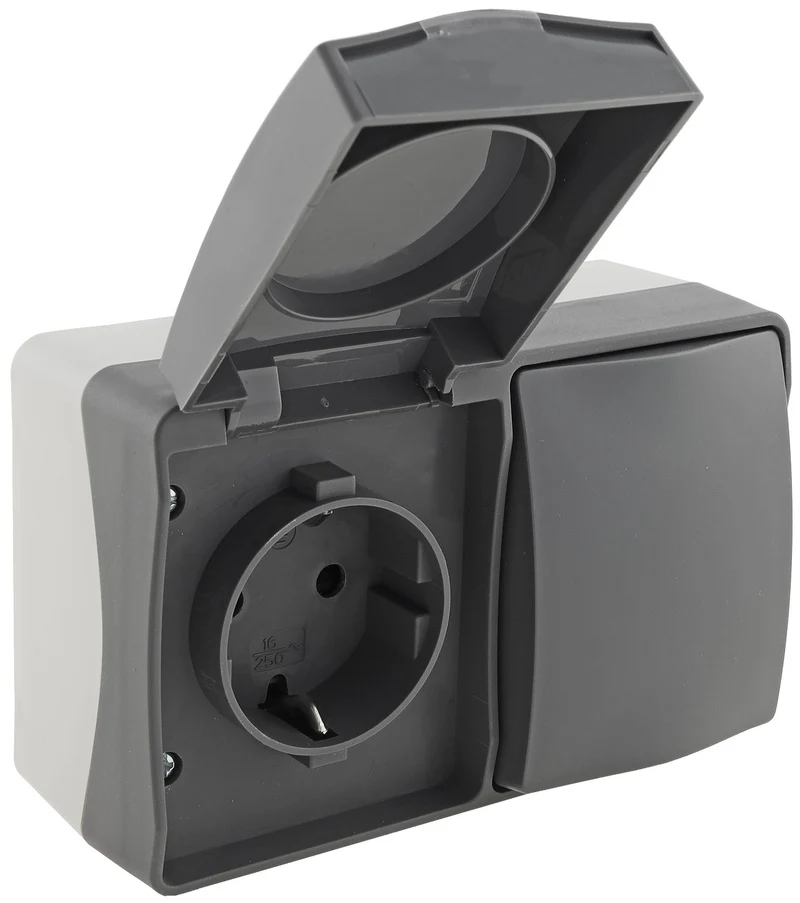 NUQUI Feuchtraum Schalter & Steckdose IP54, Aufputz, 250V~/ 10A/16A Horizontal