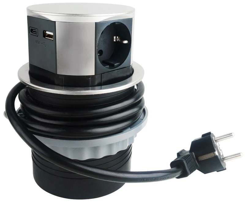 Schreibtisch-Einbausteckdose 3x +USB A+C versenkbar, Edelstahl-Ausführung, rund