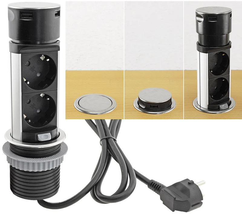 Schreibtisch-Einbausteckdose, rund Mini versenkbar, Edelstahl, 2x Steckd,USB A+C