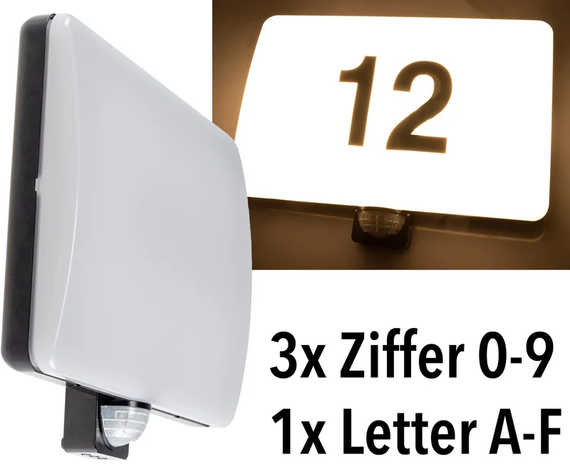 LED Wandleuchte "PADAR" mit PIR-Sensor IP65, 20W, mit Hausnummer & Buchstaben
