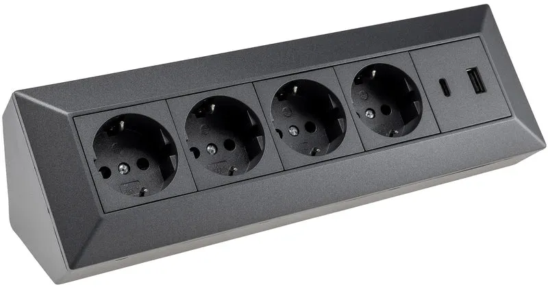 4-fach Steckdosenblock, USB-A+C, anthraz 250V~/ 16A, Aufbaumontage, USB 3,1A, PD
