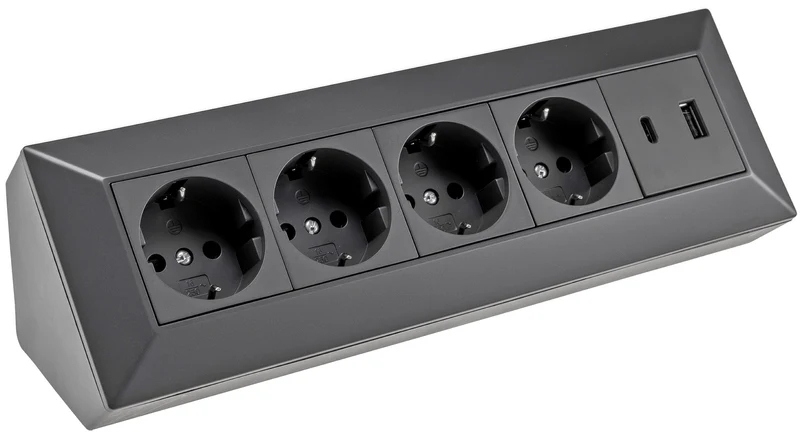 4-fach Steckdosenblock, USB-A+C, schwarz 250V~/ 16A, Aufbaumontage, USB 3,1A, PD