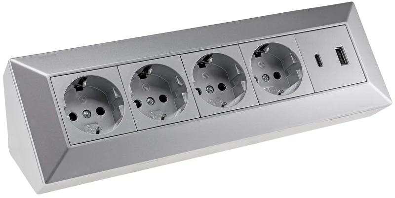 4-fach Steckdosenblock, USB-A+C, silber 250V~/ 16A, Aufbaumontage, USB 3,1A, PD