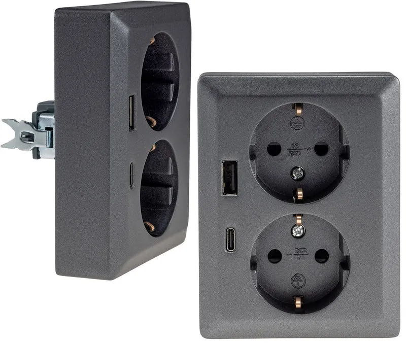MILOS Schutzkontakt-Steckdose 2-fach 250V~/ 16A, 1x UP, USB A+C/PD, anthrazit