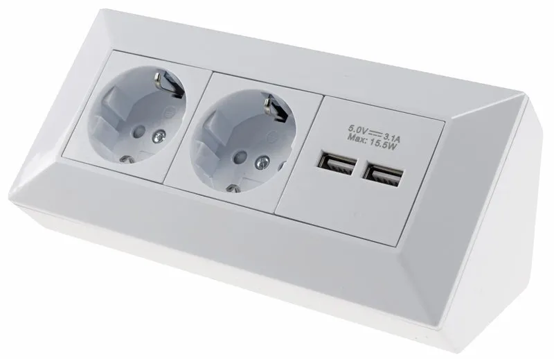 2-fach Steckdosenblock + 2x USB, weiß 250V~/ 16A, Aufbaumontage, USB 3,1A