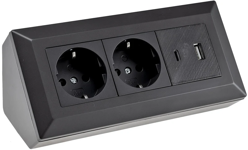 2-fach Steckdosenblock, USB-A+C, schwarz 250V~/ 16A, Aufbaumontage, USB 3,1A, PD