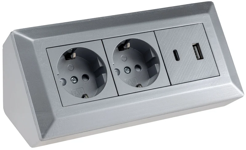 2-fach Steckdosenblock, USB-A+C, silber 250V~/ 16A, Aufbaumontage, USB 3,1A, PD