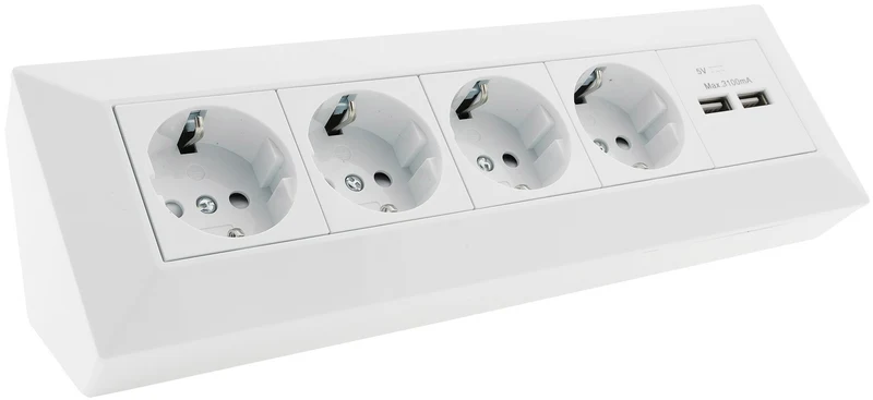 4-fach Steckdosenblock + 2x USB, weiß 250V~/ 16A, Aufbaumontage, USB 3,1A