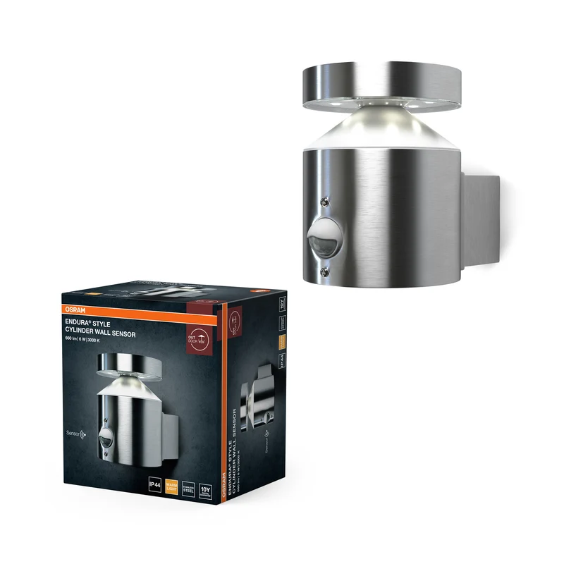 OSRAM ENDURA Style Cylinder Außenwandleuchte mit Sensor 150mm, 3000K, 660lm, 6W, modernes Edelstahl-Design, IP44 für Eingänge und Fassaden