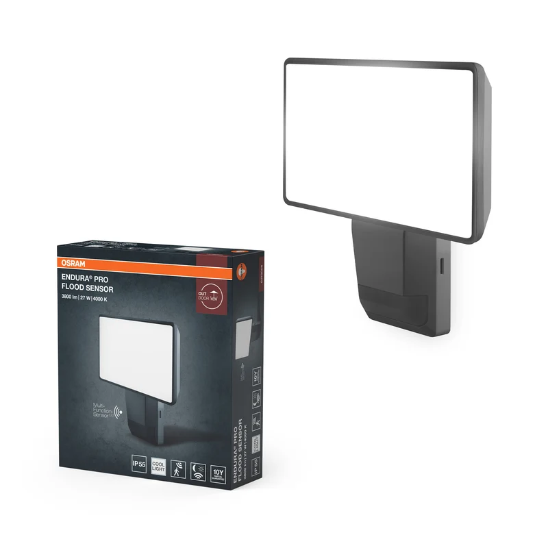 OSRAM ENDURA PRO Hocheffizienter Außenwand-Sensorstrahler mit weitem Ausstrahlungswinkel in innovativem optischen Design, 27W in Dunkelgrau, IP55-Schutz, für Parkplatz und Parks