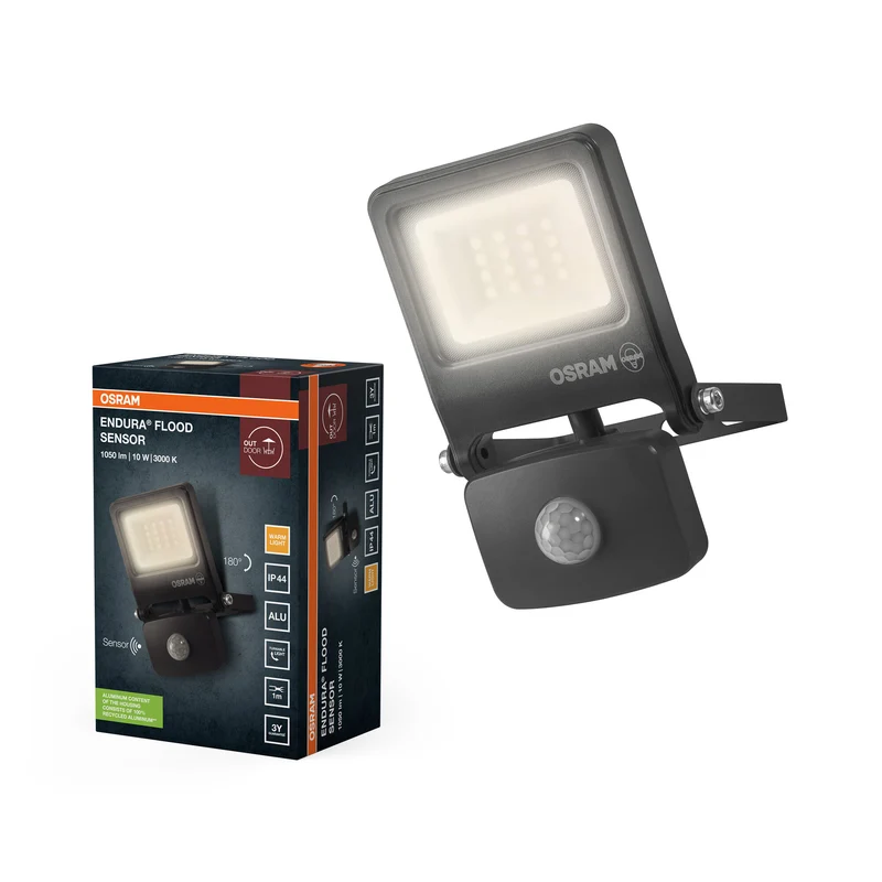 OSRAM ENDURA FLOOD PC 10W LED-Fluter mit Sensor, 3000K warmweiß, 1000 Lumen, IP44 Flutlicht Bewegungsmelder, Dämmerungssensor 2-1000 Lux