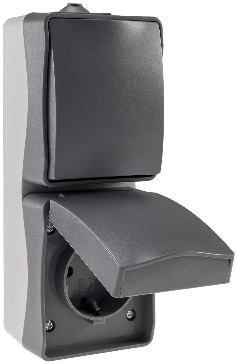 NUQUI Feuchtraum Kombi Schalter&Steckdos IP54, Aufputz, 250V~/ 10A/16A, Vertikal