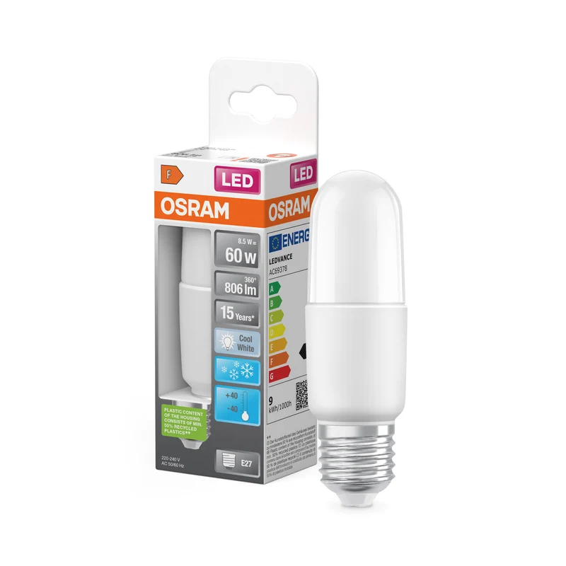 OSRAM LED PCR CLASSIC STICK LAMP in Stick-Form, LED-Lampe, Matt, 8 W, (ex 60 W), 806 lm, Kaltweiß, 4000 K, 15000 h, CRI ≥80