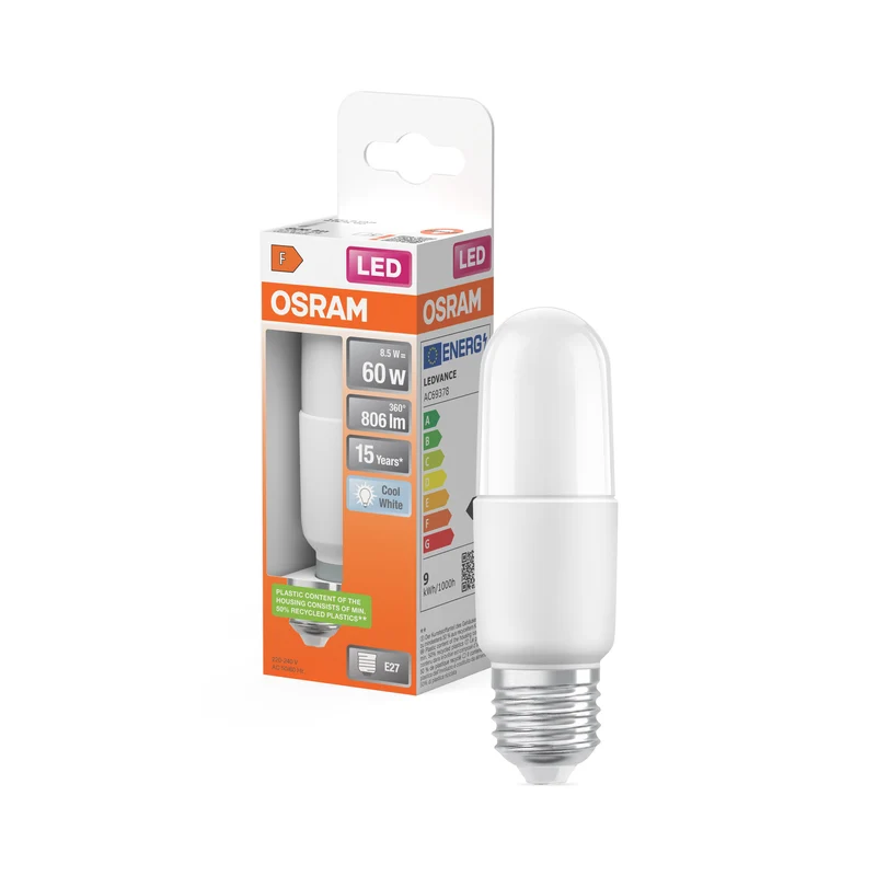 OSRAM LED PCR CLASSIC STICK LAMP in Stick-Form, LED-Lampe, Matt, 8,5 W, (ex 60 W), 806 lm, Kaltweiß, 4000 K, 15000 h, CRI 80