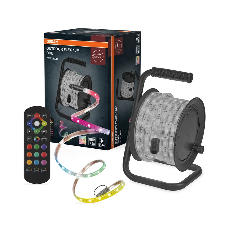 OSRAM Outdoor Flex RGB LED Streifen 10M IP65, inkl. Fernbedienung, bis 50 m erweiterbar, mit Kabeltrommel, Anschlusskabel, Zubehör