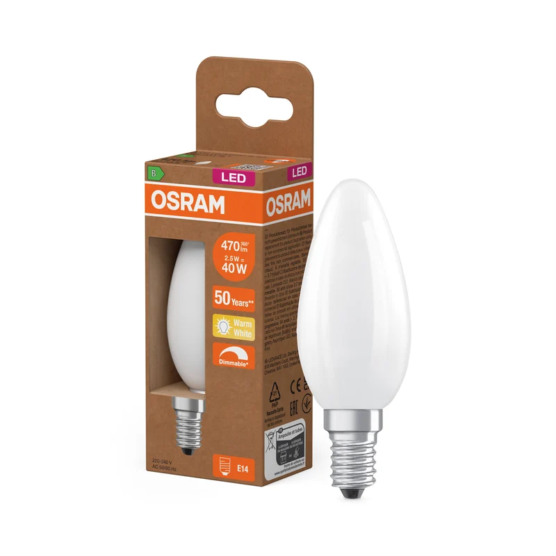OSRAM LED CLASSIC B ENERGY EFFICIENCY B DIM in B-Form, LED-Lampe, Glas, Matt, 2,5 W, 470 lm, 2700 K, Dimmbar, CRI 80