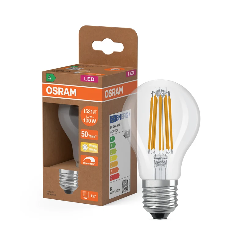 OSRAM LED CLASSIC A ENERGY EFFICIENCY A DIM in A-Form, LED-Lampe, Glas, klar, 7,2 W, 1521 lm, 2700 K, Dimmbar, Energieeffizienzklasse: A, CRI 80