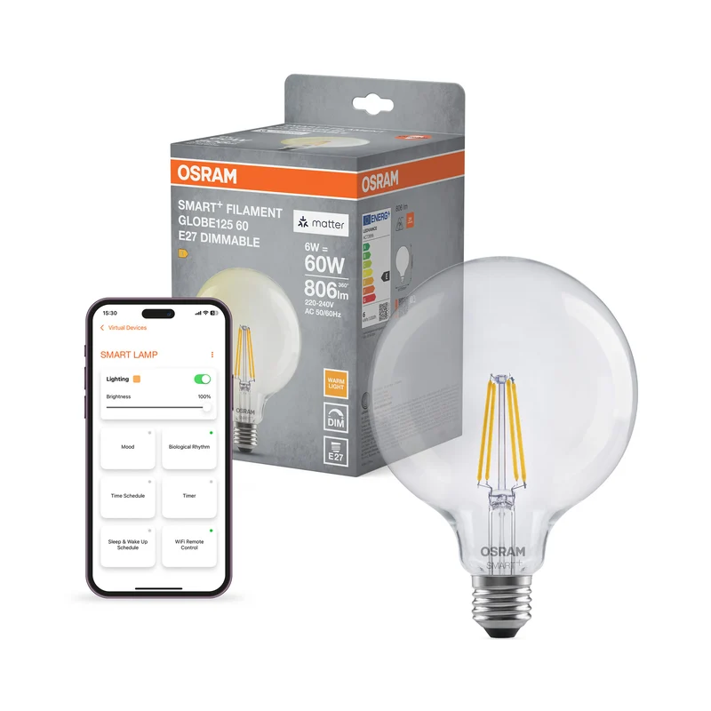OSRAM SMART+ MATTER Filament Classic shapes Dimmable in Globus-Form, LED-Lampe, Glas, klar, 6 W, 806 lm, 2700 K, Matter, Smartspeaker-Kompatibel, Dimmbar
