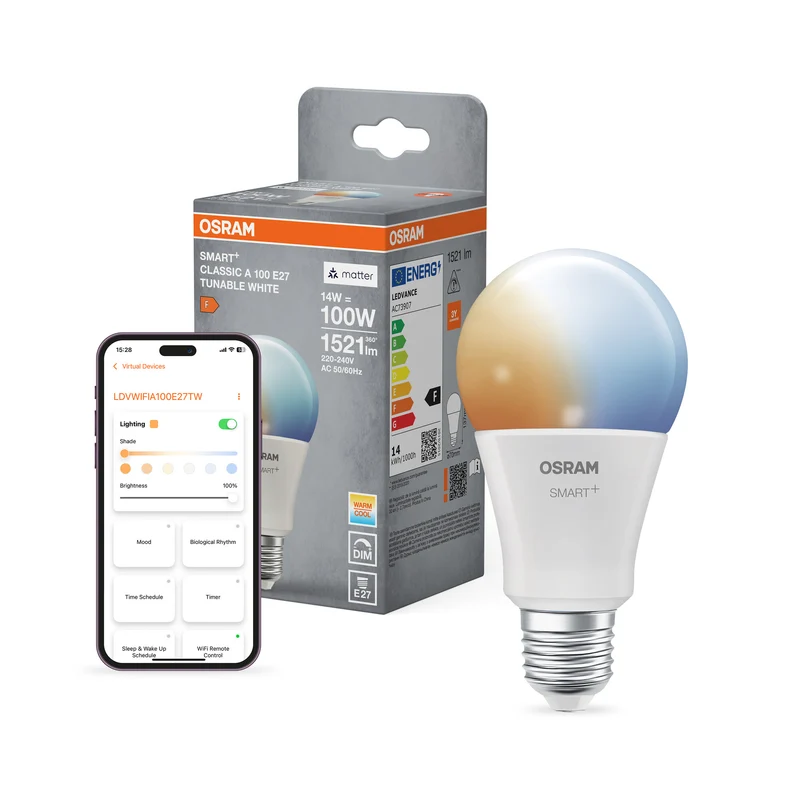 OSRAM SMART+ MATTER Classic shapes Tunable white in A-Form, LED-Lampe, Matt, 14 W, 1521 lm, von 2700 bis 6500 K, Matter, Smartspeaker-Kompatibel, Dimmbar