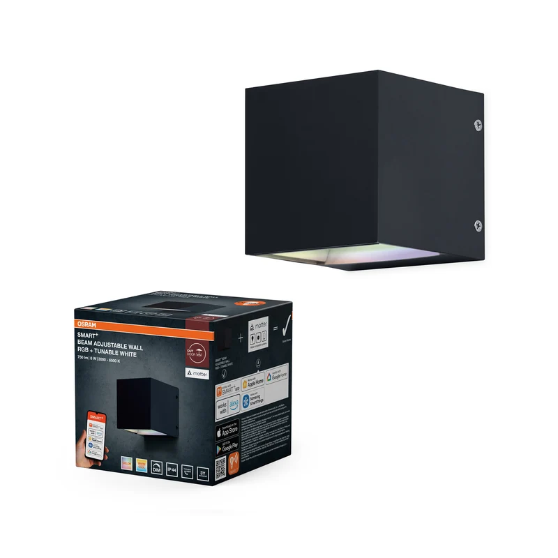 OSRAM SMART+ Matter Adjustable Beam LED Wandleuchte Schwarz, 8W, 320lm, RGB+TW 3000-6500K, WiFi, Alexa, IP44 Außen
