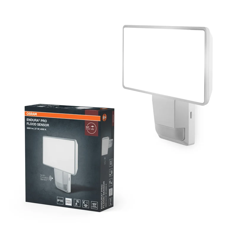 OSRAM LED-Strahler Flutlicht mit Sensor, 27W, neutralweiß, 3000lm, IP55, schwenkbar, für Außenbereiche, Parkplätze und Eingangsbereiche