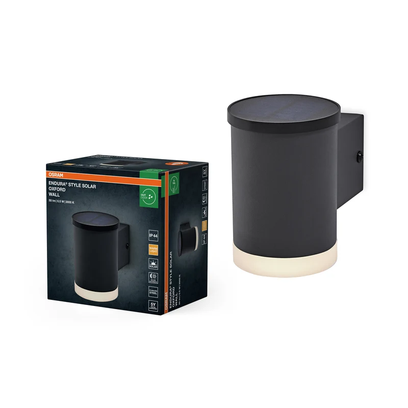 OSRAM ENDURA STYLE SOLAR OXFORD Außenleuchte, 0,5W, 50lm, Wandleuchte, dunkelgrau, indirekte Beleuchtung, wiederaufladbarer Akku, IP44 Schutzklasse, 3. 000K Farbtemperatur, warmweiße Lichtfarbe