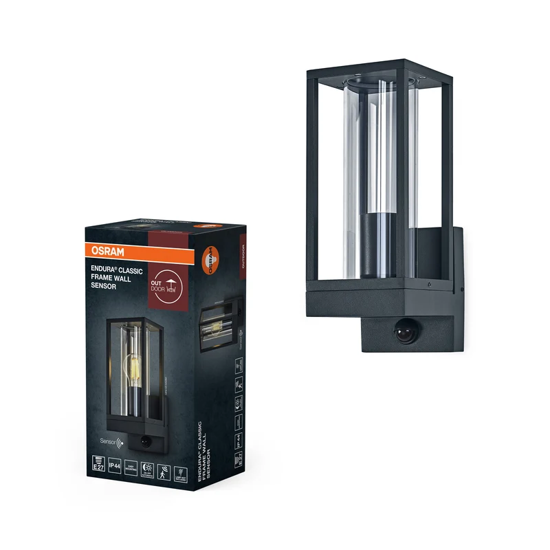 OSRAM Endura Classic LED Wandleuchte Frame, E27 Fassung, PIR Sensor, IP44, Aluminium dunkelgrau, Glas