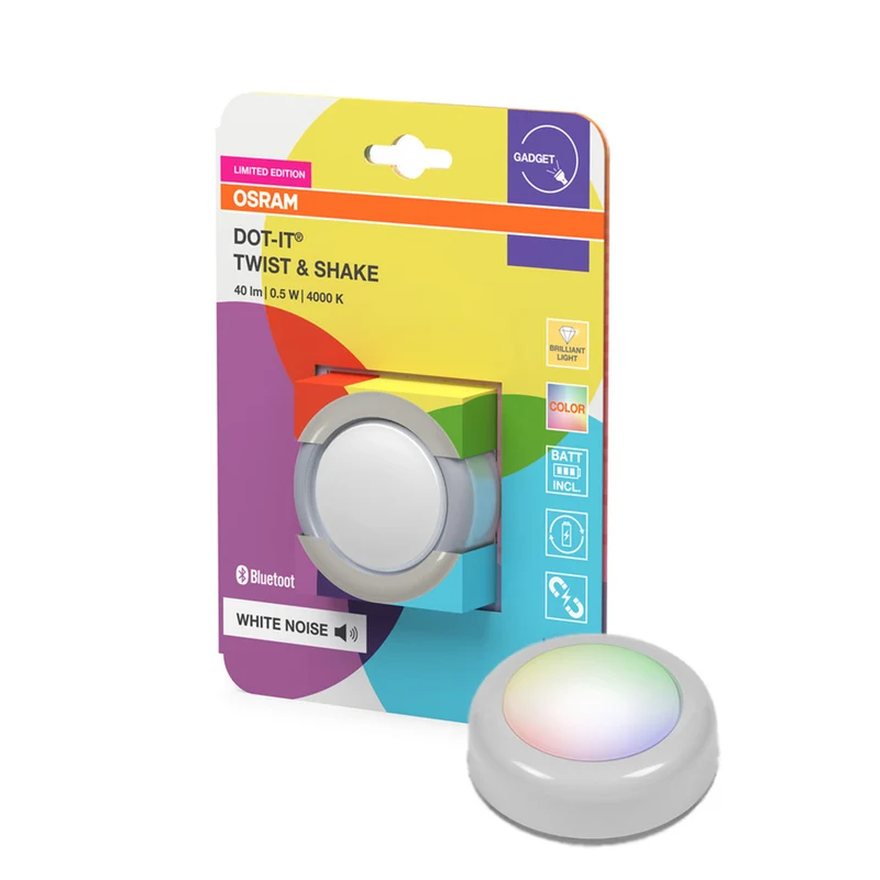 OSRAM Bluetooth SMART DOT-IT TWIST & SHAKE, wiederaufladbarer Dot, White Noise Funktion, RGBW, 4000K