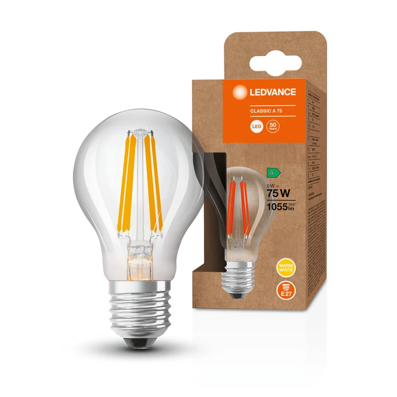 LEDVANCE LED CLASSIC A ENERGY EFFICIENCY A S , LED-Lampe, Bleifreies Glas, Klar, 5 W, (ex 75 W), 1055 lm, Warmweiß, 3000 K, 50000 h, CRI ≥80