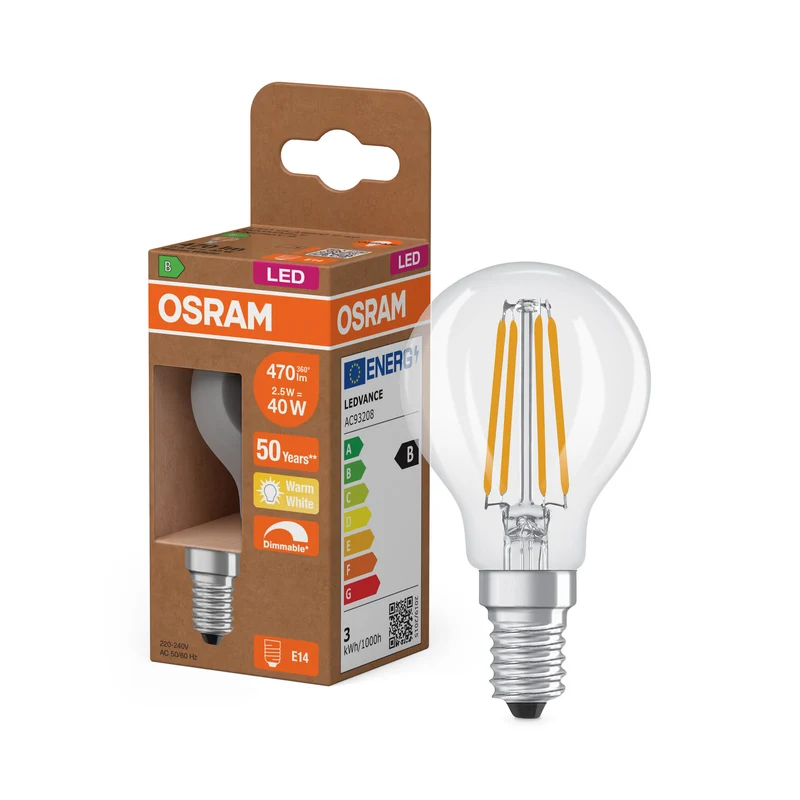 OSRAM LED CLASSIC P ENERGY EFFICIENCY B DIM in P-Form, LED-Lampe, Glas, klar, 2,5 W, 470 lm, 2700 K, Dimmbar, CRI 80
