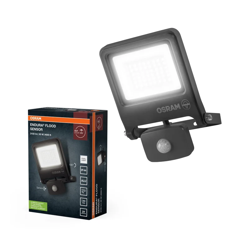OSRAM ENDURA FLOOD PC 30W LED-Fluter mit Sensor, 4000K, 3000 Lumen, IP44 Flutlicht Bewegungserkennung 9m, Tageslichtsensor, Grau