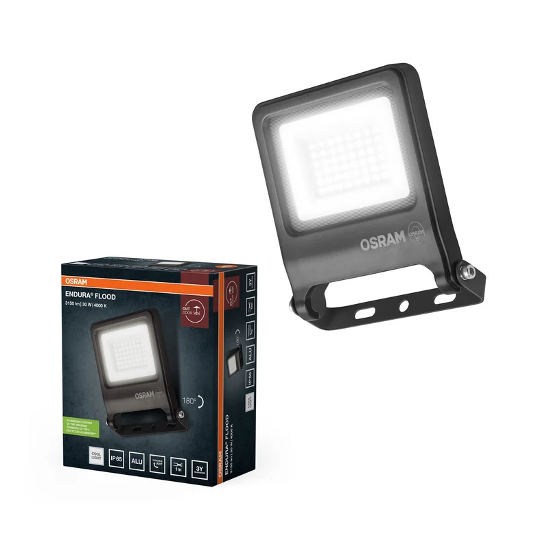 OSRAM ENDURA FLOOD PC 30W LED-Fluter, 4000K kaltweiß, 3000 Lumen, IP65 Flutlicht, Montagebügel 180°, 100 lm/W, Grau