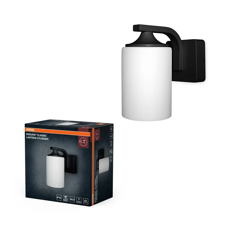 OSRAM ENDURA Classic Wandleuchte, Schwarz, E27, IP43, Aluminiumgehäuse, Glasdiffusor, geeignet für Außenbereiche, ohne Leuchtmittel