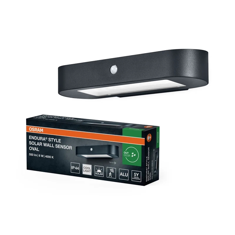 OSRAM ENDURA Style Oval Solar-Wandleuchte, kaltweißes Licht (4000K), integrierter Sensor, ohne Strom nutzbar, lange Batterielaufzeit: 30 Mal 60 Sekunden im PIR Modus, Schutzklasse IP44, schwarz