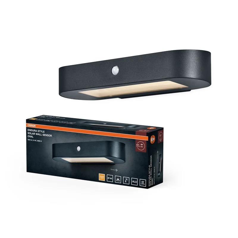 OSRAM ENDURA Style Oval Solar-Wandleuchte, warmweißes Licht (3000K), integrierter Sensor, ohne Strom nutzbar, lange Batterielaufzeit: 30 Mal 60 Sekunden im PIR Modus, Schutzklasse IP44, schwarz