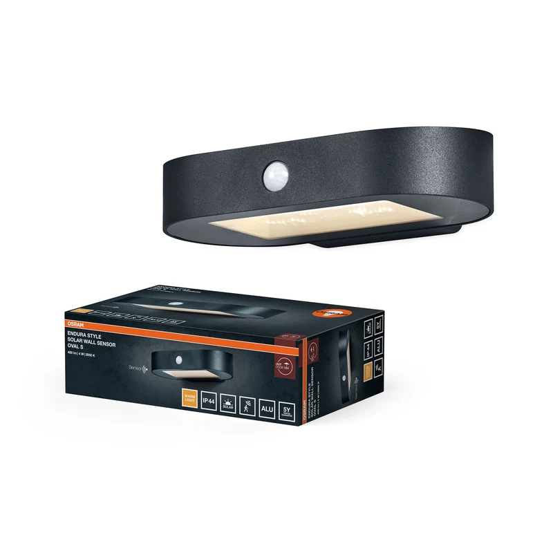 OSRAM ENDURA Style Kleine Oval Solar-Wandleuchte, warmweißes Licht (3000K), integrierter Sensor, ohne Strom nutzbar, lange Laufzeit: 30 Mal 60 Sekunden im PIR Modus, Schutzklasse IP44, schwarz