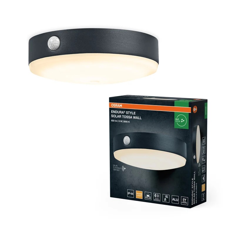 OSRAM ENDURA Style Solar-Wandleuchte Tossa, warmweißes Licht (3000K), integrierter Sensor, ohne Strom nutzbar, bis acht Stunden Brenndauer, Schutzklasse IP44, schwarz