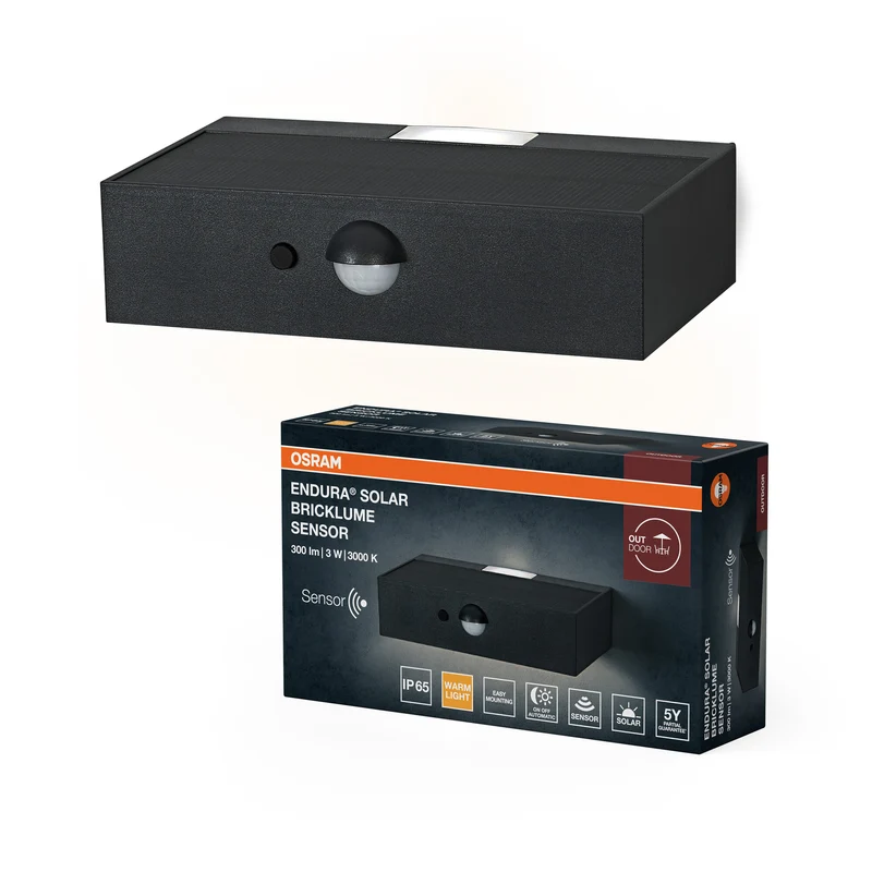 OSRAM ENDURA STYLE BRICKLUME Sensor, Solarleuchte, 3W, 300lm, grau, dunkelgrau, indirekte Beleuchtung, Bewegungsmelder, Tageslichtsensor, IP65, 3. 000K Farbtemperatur, warmweiße Lichtfarbe