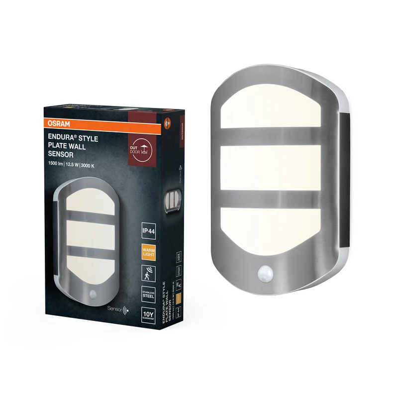 OSRAM ENDURA Style Plate Wall Wandleuchte in moderner Edelstahloptik mit Sensor und indirektem Licht, helle und funktionale LED-Außenleuchte, IP44-Schutz, für Eingangsbeleuchtung und Fassaden
